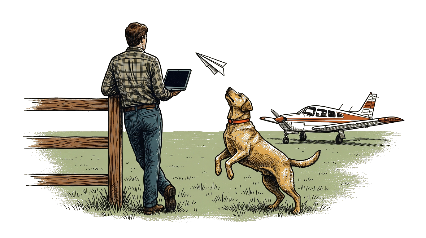 Rocket the dog with a paper plane